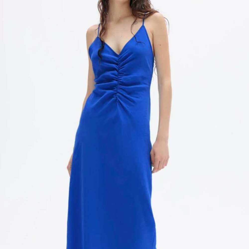 ZARA Cobalt Blue Ruched Midi Dress | Electric Blue V-Neck Slip Dress
